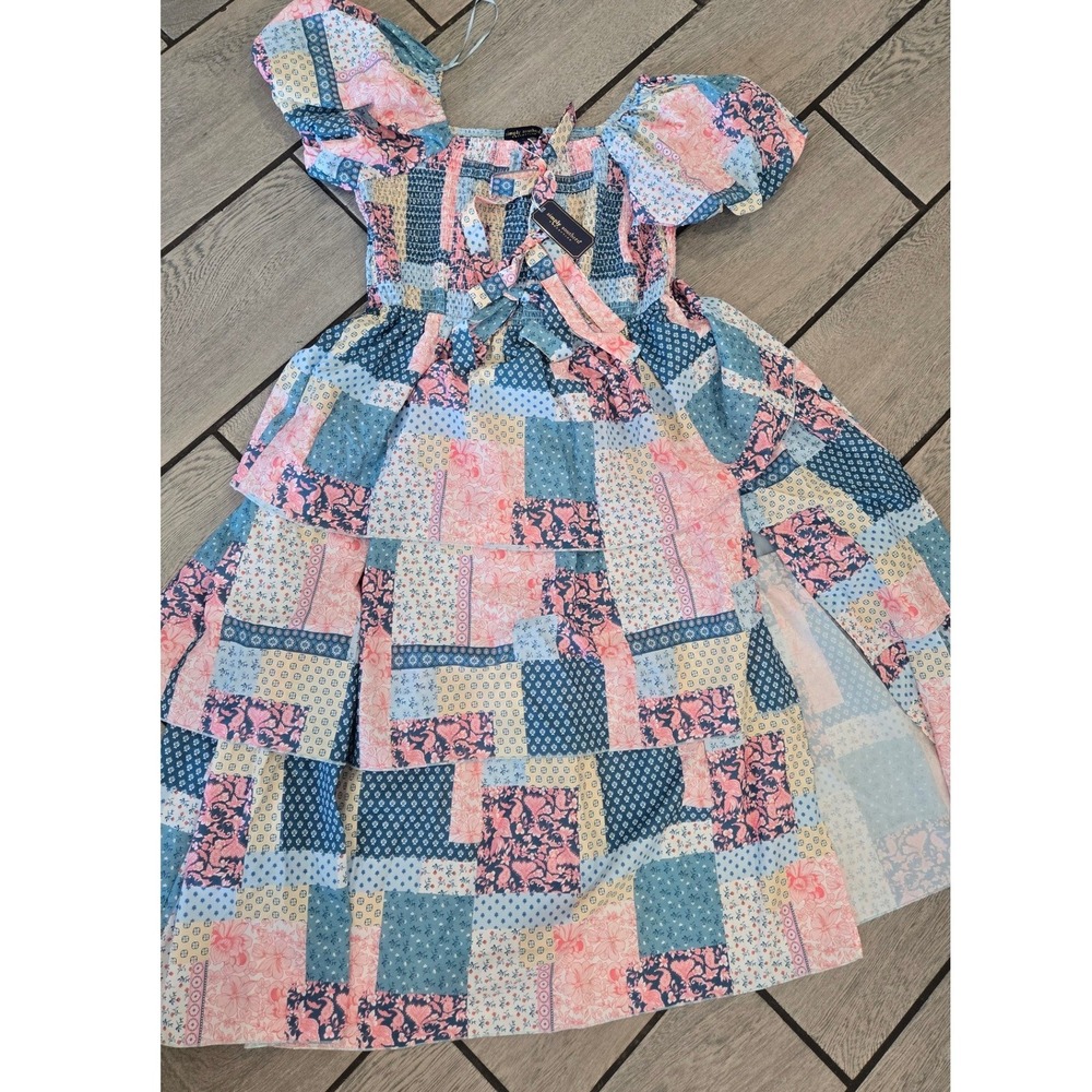 Simply Southern Lucy Quilt Pattern Tiered Maxi Dress Smocked Puff Sleeve Large